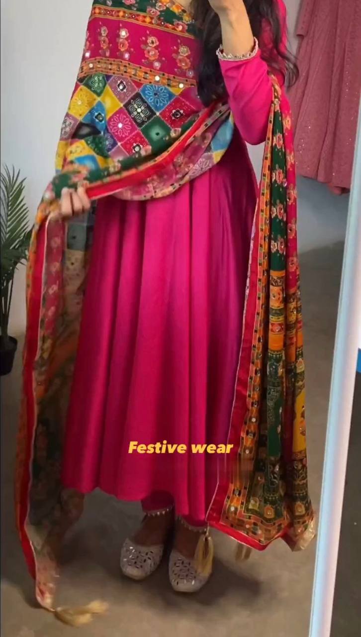 HOT PINK ANARKALI FESTIVE WEAR GOWN WITH PANTS AND DUAPTTA