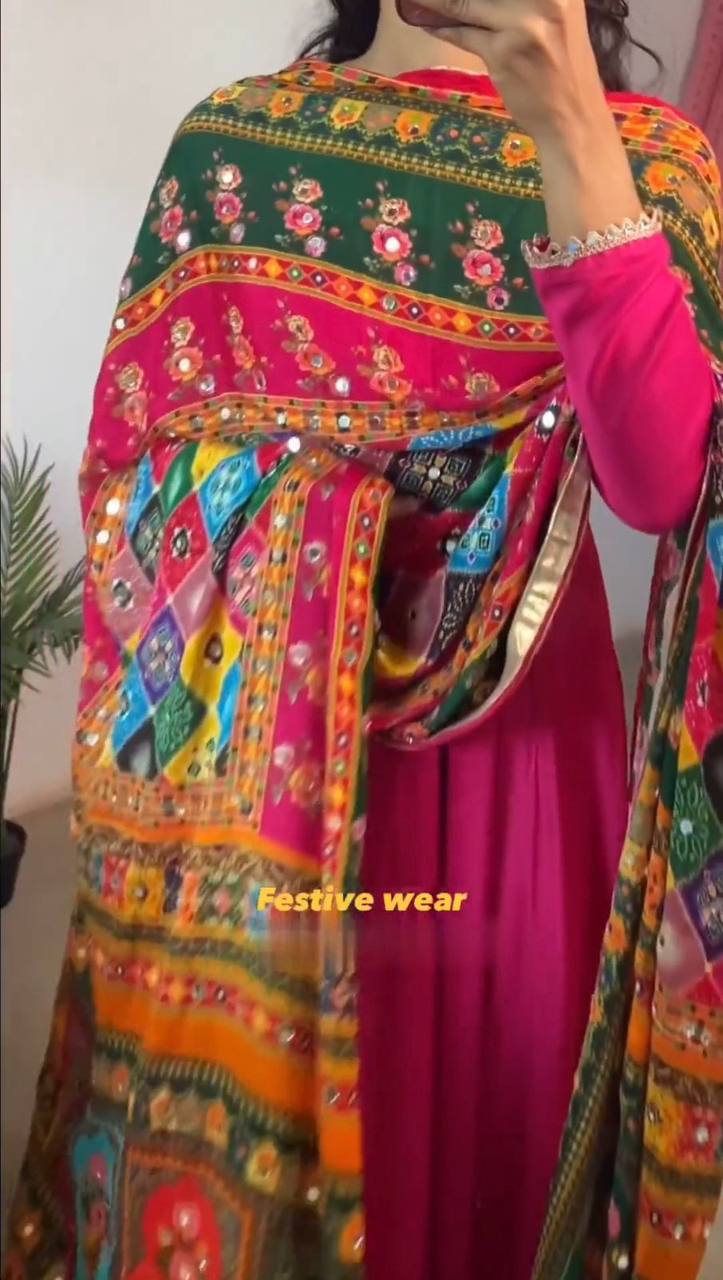 HOT PINK ANARKALI FESTIVE WEAR GOWN WITH PANTS AND DUAPTTA