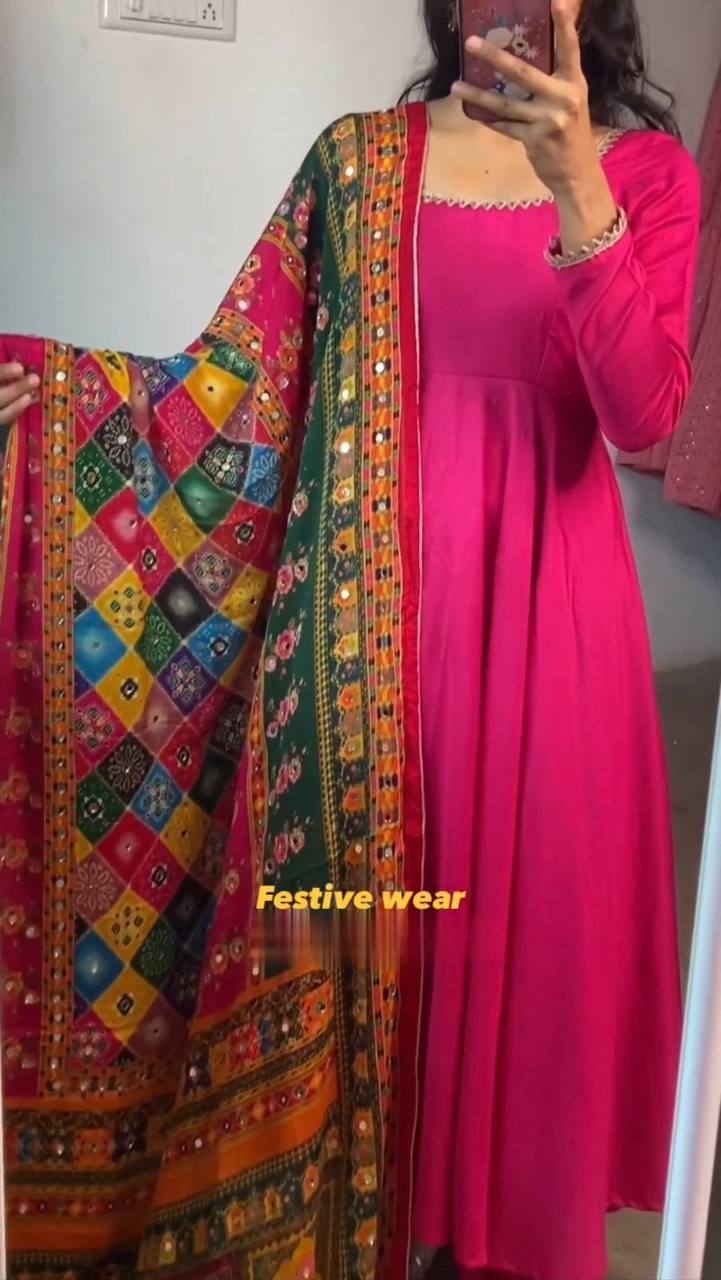 HOT PINK ANARKALI FESTIVE WEAR GOWN WITH PANTS AND DUAPTTA