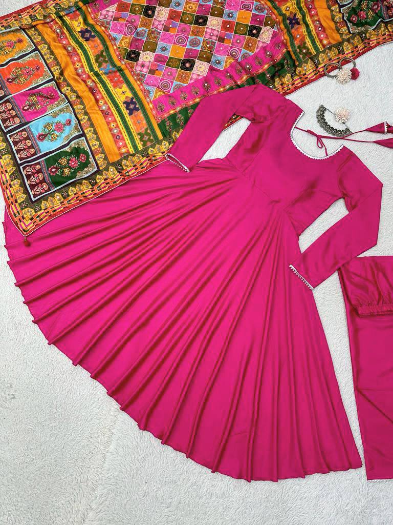 HOT PINK ANARKALI FESTIVE WEAR GOWN WITH PANTS AND DUAPTTA