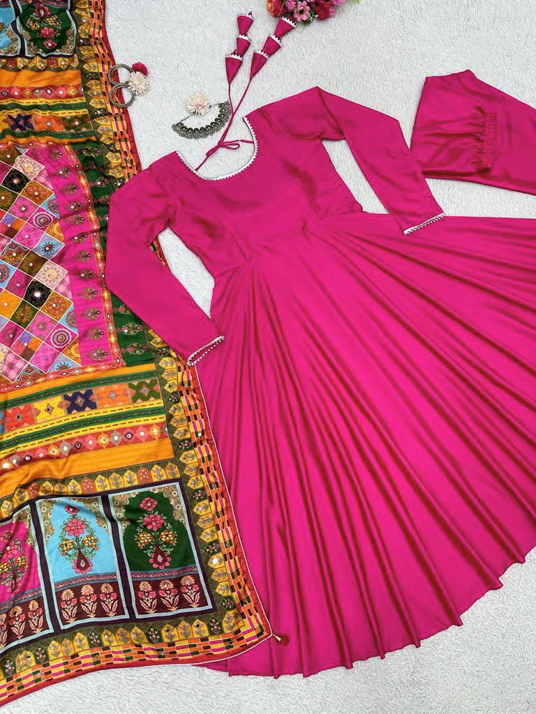 HOT PINK ANARKALI FESTIVE WEAR GOWN WITH PANTS AND DUAPTTA