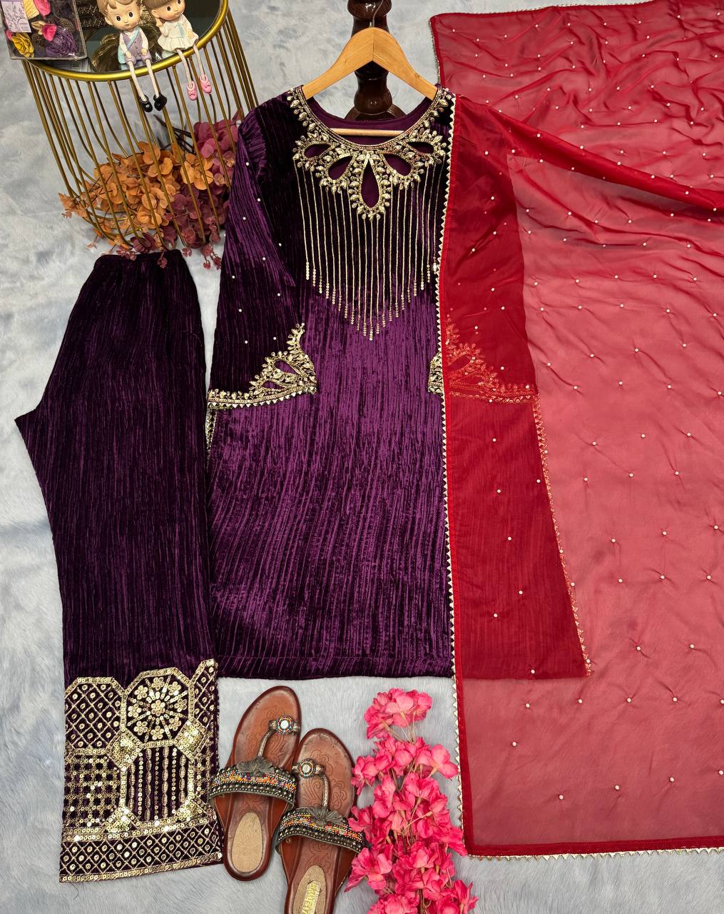 PURPLE CRUSHED VELVET SEQUENCE EMBROIDERY PANTS STYLE SALWAR SUIT WITH DUPATTA