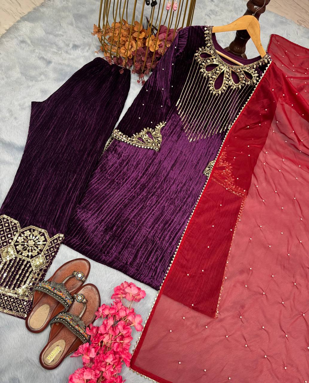 PURPLE CRUSHED VELVET SEQUENCE EMBROIDERY PANTS STYLE SALWAR SUIT WITH DUPATTA