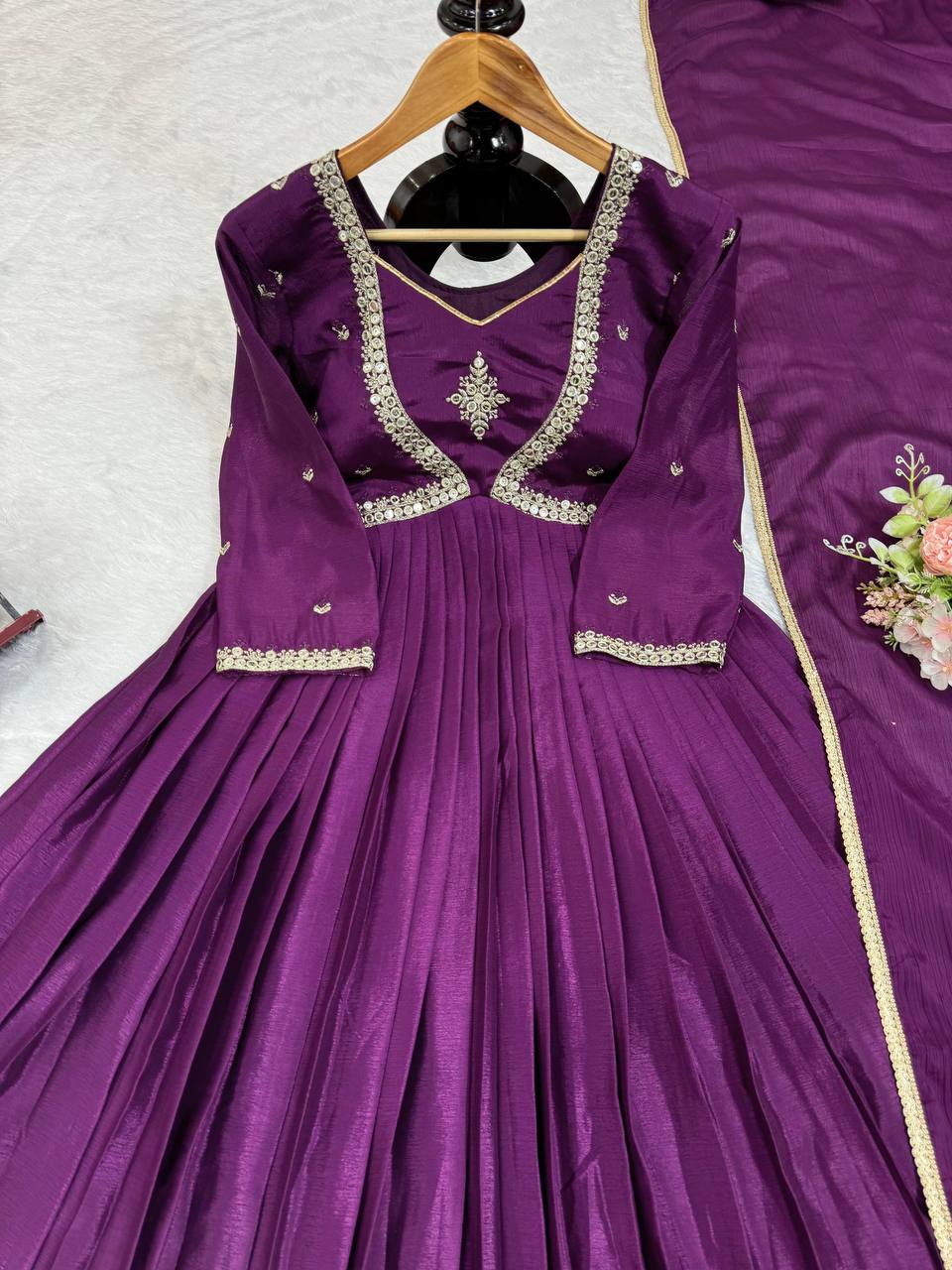 PURE CHINNON SILK EMBROIDERED AND FLARED ANARKALI GOWN WITH DUPATTA