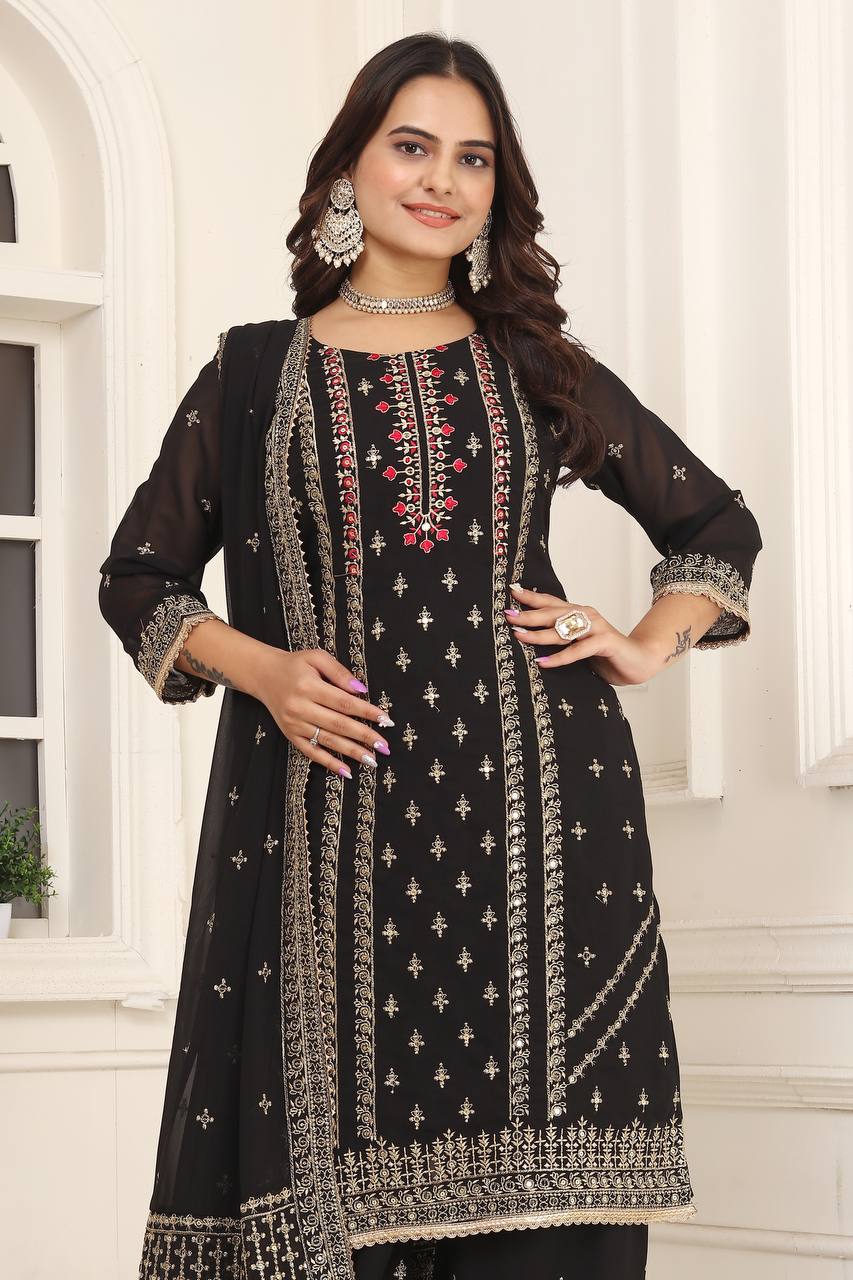 BLACK FAUX GEORGETTE FULLY EMBROIDERED SALWAR SUIT WITH DUPATTA