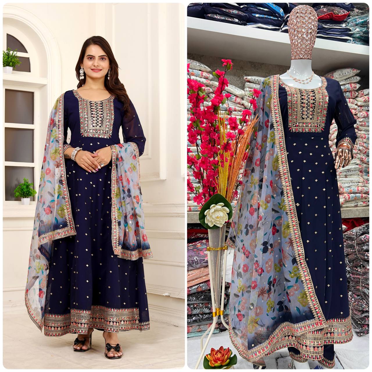 BLUE FLOOR LENGTH FULLY EMBROIDERED ANARKALI GOWN SET