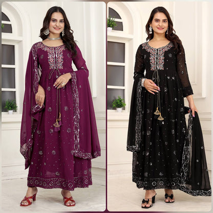 FAUX GEORGETTE FULLY LOADED EMBROIDERY ANARKALI LONG GOWN SET WITH BOTTOM AND DUPATTA