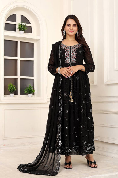 FAUX GEORGETTE FULLY LOADED EMBROIDERY ANARKALI LONG GOWN SET WITH BOTTOM AND DUPATTA