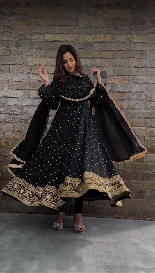 BLACK FAUX GEORGETTE FLOOR LENGTH FULL EMBROIDERED SALWAR SUIT WITH DUPATTA