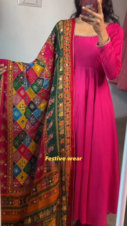 HOT PINK ANARKALI FESTIVE WEAR GOWN WITH PANTS AND DUAPTTA