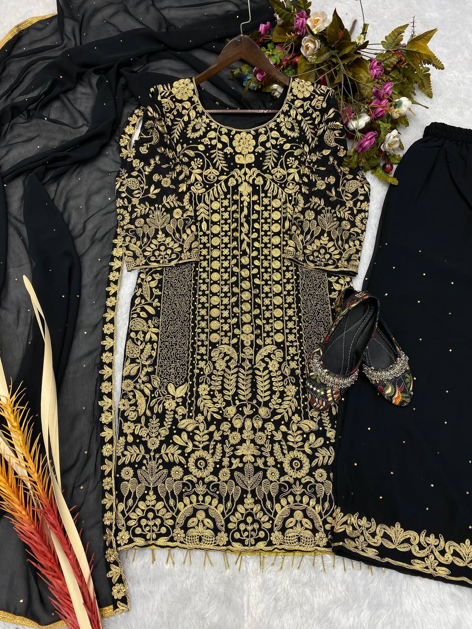 BLACK DESIGNER HEAVY GEORGETTE CORDING SEQUENCE AND DIAMOND WORK PALAZZO SALWAR SUIT WITH DUPATTA