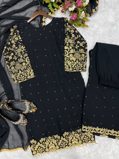 BLACK DESIGNER HEAVY GEORGETTE CORDING SEQUENCE AND DIAMOND WORK PALAZZO SALWAR SUIT WITH DUPATTA