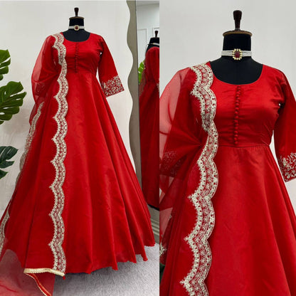 RED TAPETA SILK EMBROIDERED FLOOR LENGTH GOWN WITH DUPATTA