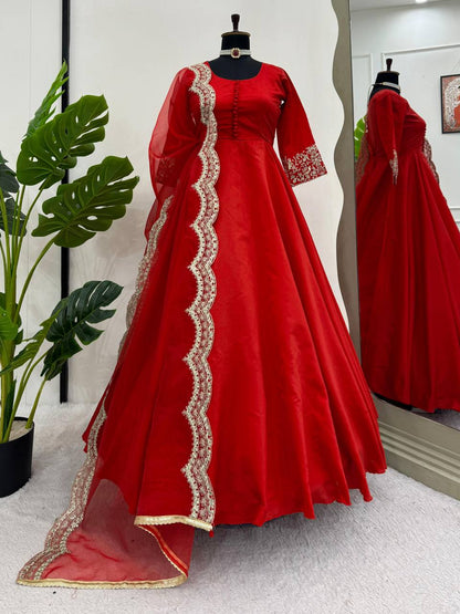 RED TAPETA SILK EMBROIDERED FLOOR LENGTH GOWN WITH DUPATTA