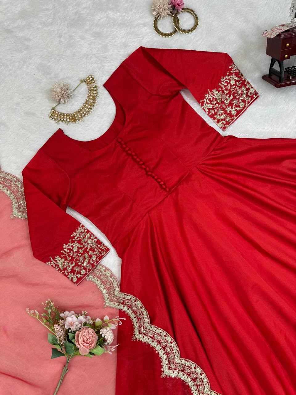 RED TAPETA SILK EMBROIDERED FLOOR LENGTH GOWN WITH DUPATTA