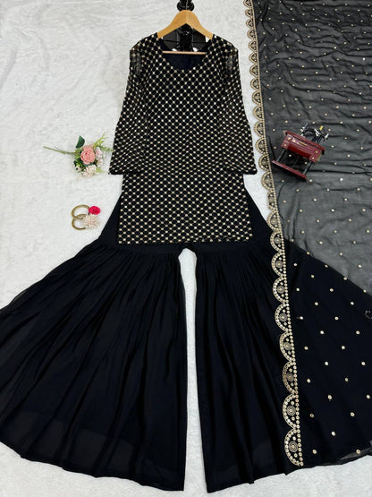 BLACK FAUX GEORGETTE SEQUENCE EMBROIDERED SARARA SALWAR SUIT WITH DUPATTA