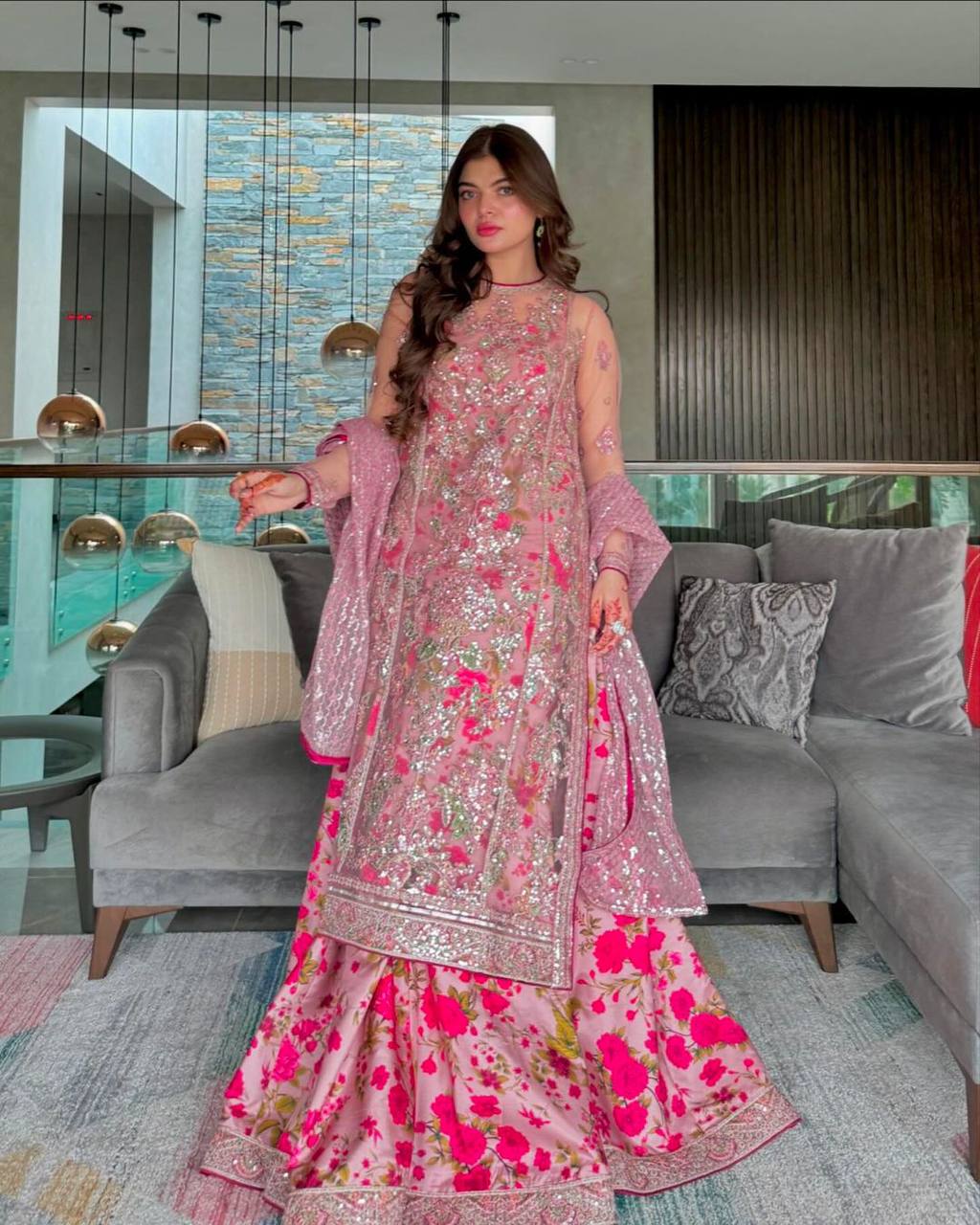 PINK FLORAL AMERICAN SILK FULLY EMBROIDERED NET GOWN WITH DUPATTA