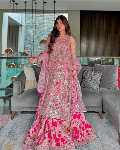 PINK FLORAL AMERICAN SILK FULLY EMBROIDERED NET GOWN WITH DUPATTA