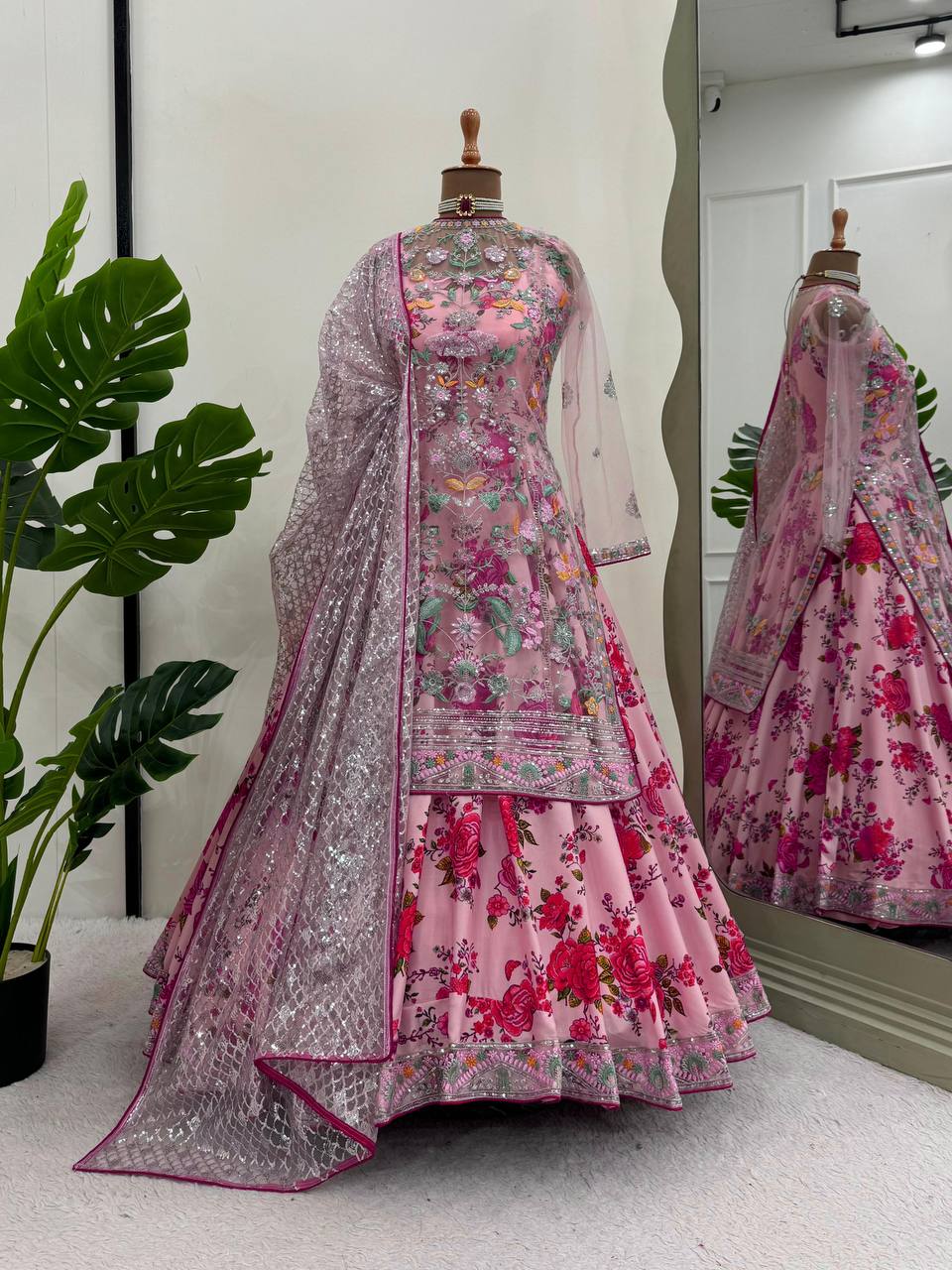 PINK FLORAL AMERICAN SILK FULLY EMBROIDERED NET GOWN WITH DUPATTA