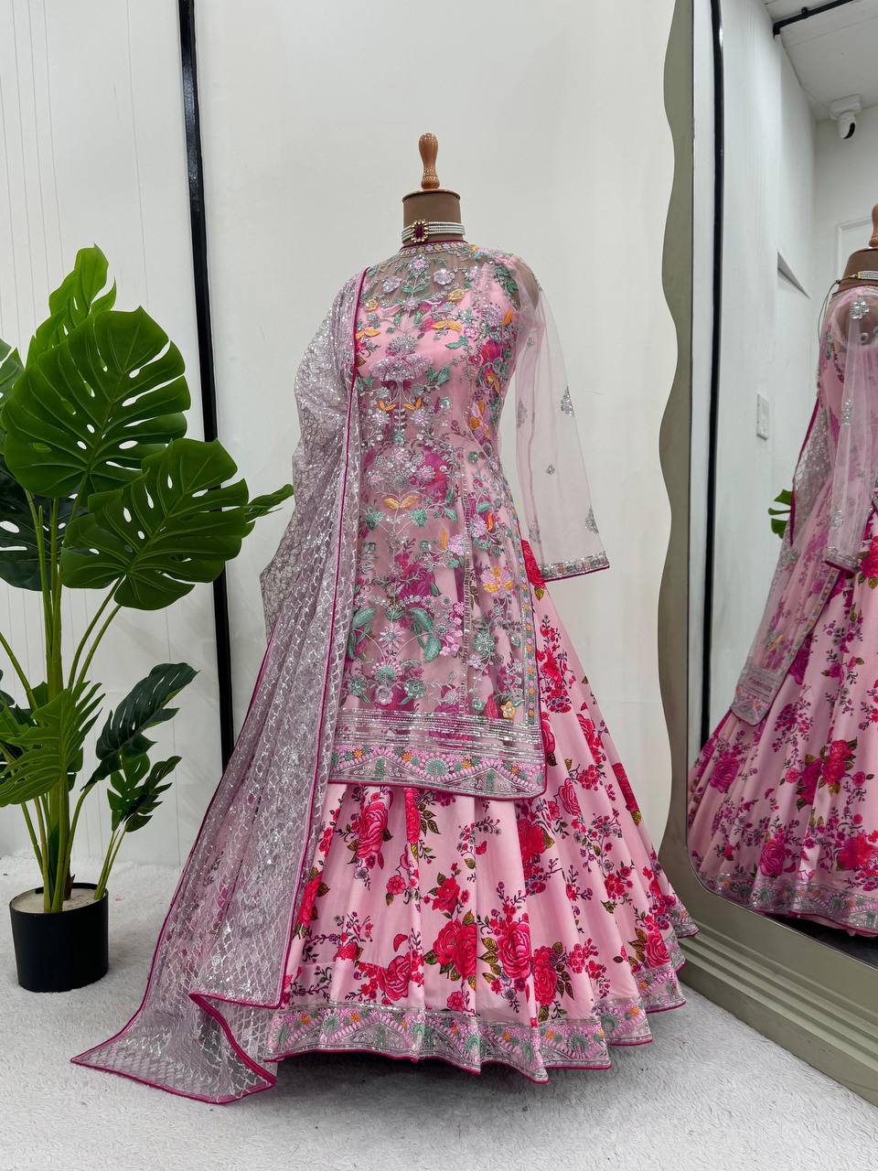 PINK FLORAL AMERICAN SILK FULLY EMBROIDERED NET GOWN WITH DUPATTA