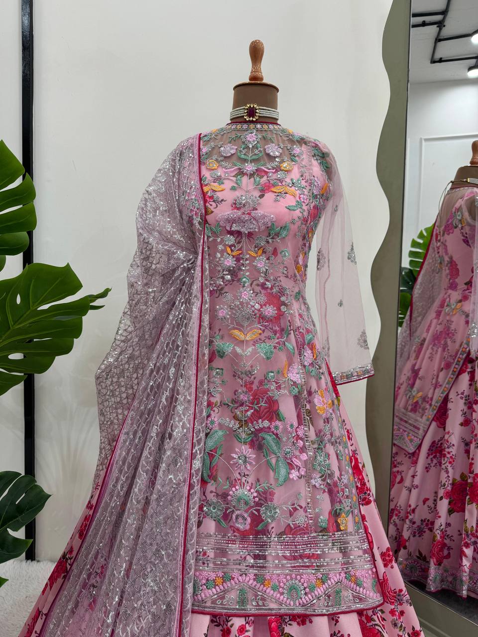 PINK FLORAL AMERICAN SILK FULLY EMBROIDERED NET GOWN WITH DUPATTA