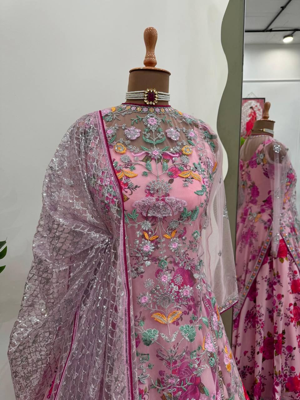 PINK FLORAL AMERICAN SILK FULLY EMBROIDERED NET GOWN WITH DUPATTA