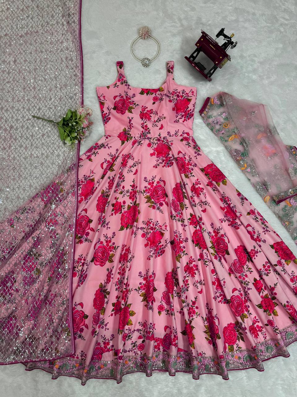 PINK FLORAL AMERICAN SILK FULLY EMBROIDERED NET GOWN WITH DUPATTA