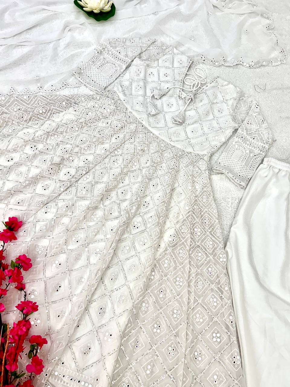 White Fully Embroidered Mirror Work Floor Length Gown Set With Bottom Dupatta