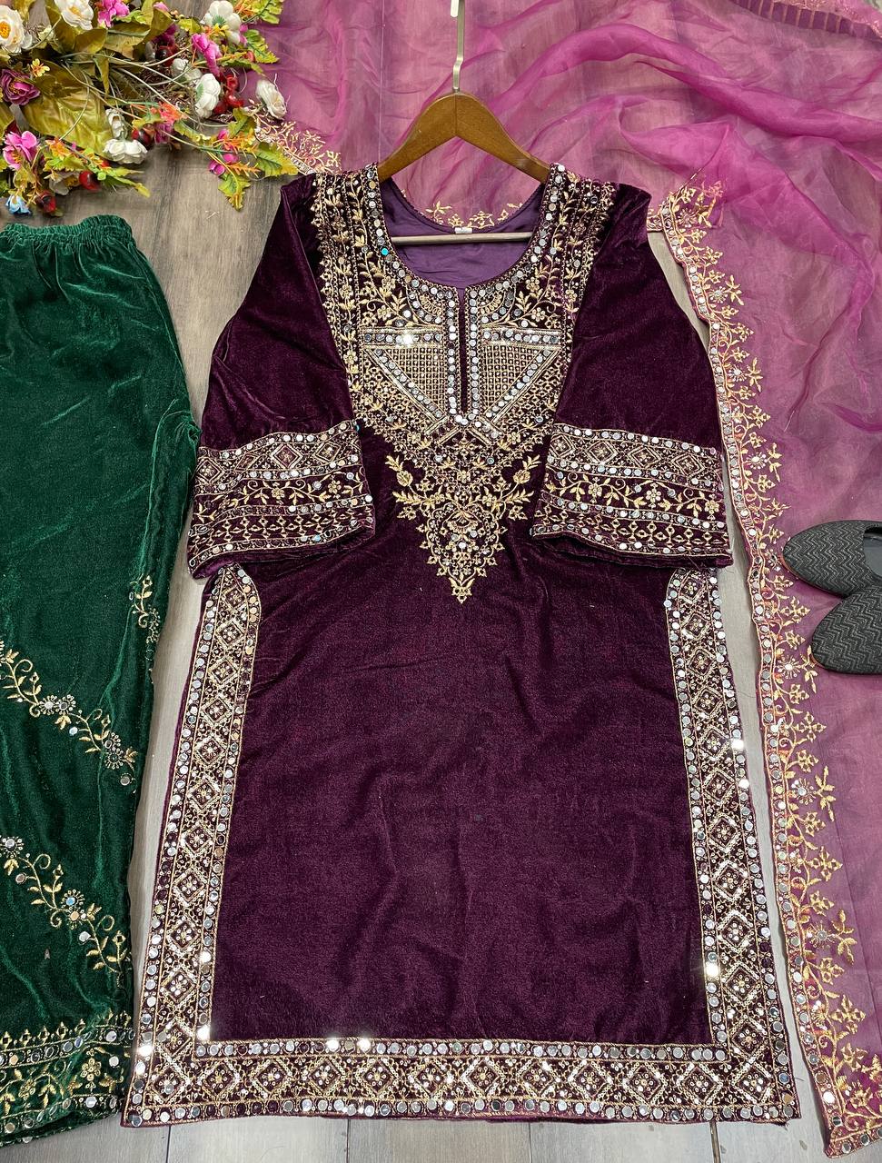 ADORABLE HEAVY VELVET SEQUENCE MIRROR EMBROIDERY SALWAR SUIT WITH DUPATTA