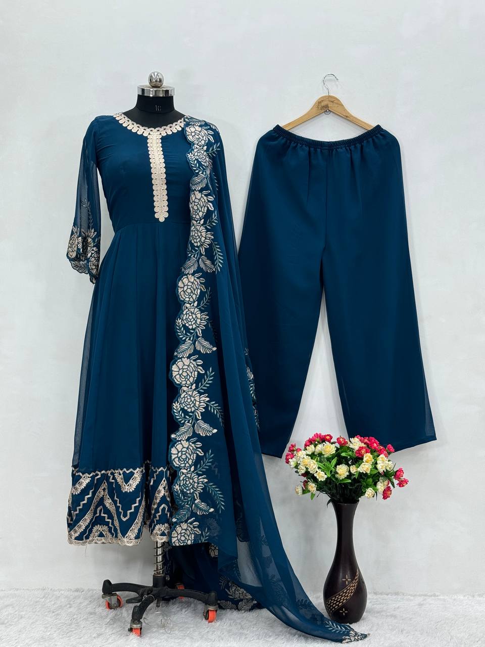 NEW DESIGNER WEAR HEAVY CHAIN STITCH WORK LONG ANARKALI GOWN WITH DUPATTA