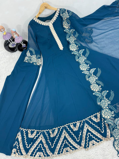 NEW DESIGNER WEAR HEAVY CHAIN STITCH WORK LONG ANARKALI GOWN WITH DUPATTA