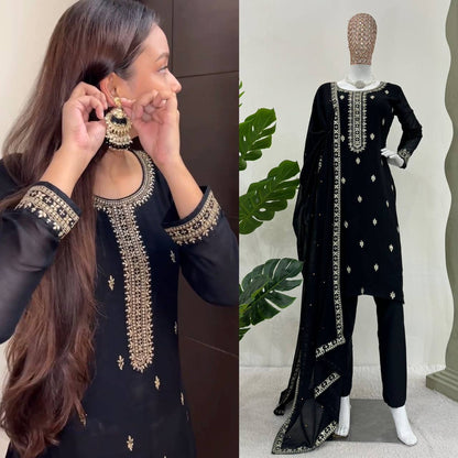 BLACK FAUX GEORGETTE EMBROIDERED SALWAR SUIT WITH DUPATTA