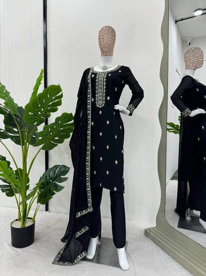 BLACK FAUX GEORGETTE EMBROIDERED SALWAR SUIT WITH DUPATTA