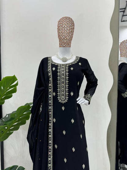 BLACK FAUX GEORGETTE EMBROIDERED SALWAR SUIT WITH DUPATTA