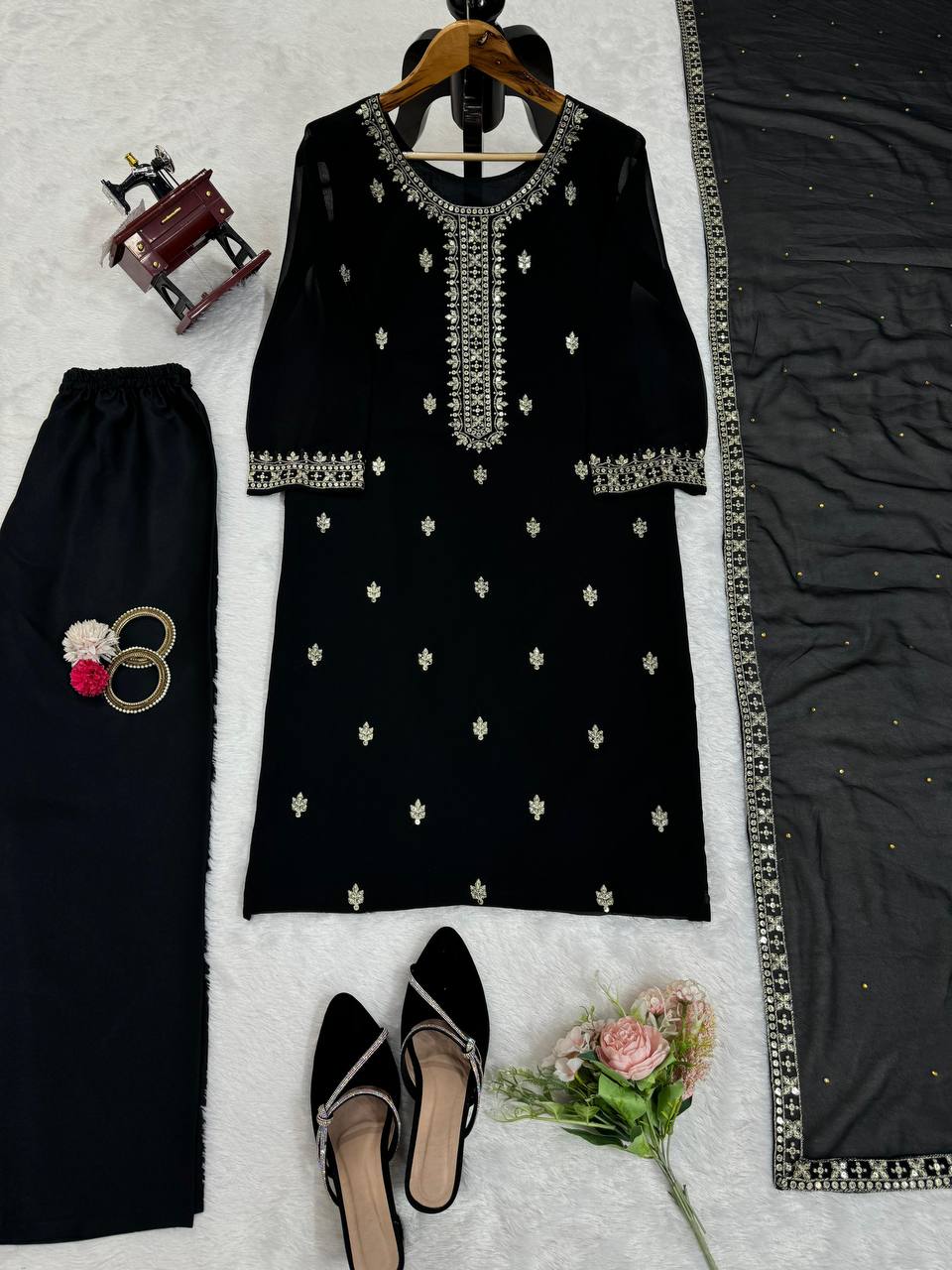 BLACK FAUX GEORGETTE EMBROIDERED SALWAR SUIT WITH DUPATTA