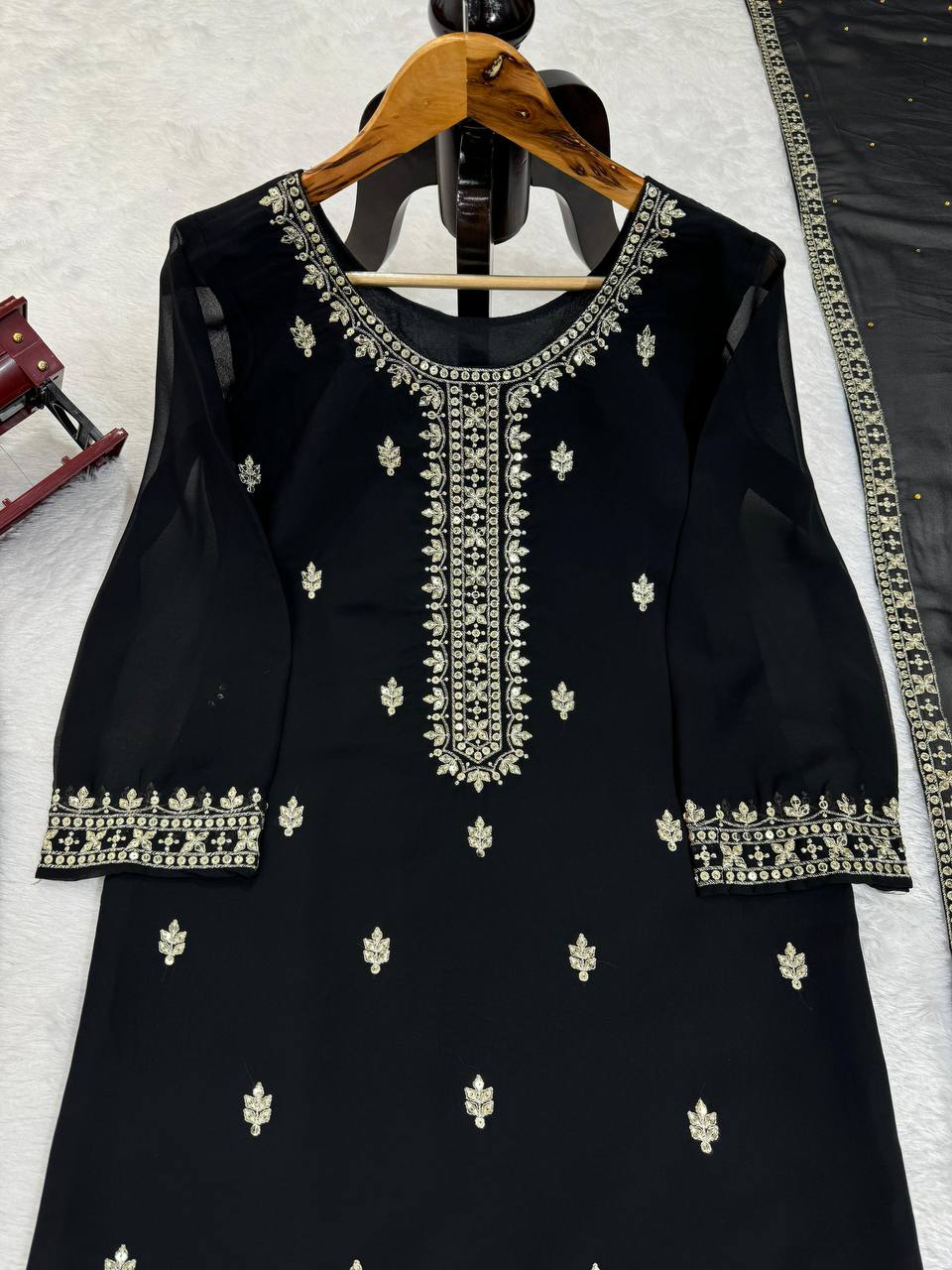 BLACK FAUX GEORGETTE EMBROIDERED SALWAR SUIT WITH DUPATTA