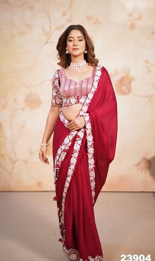 Satin Chiffon WORK Beautiful Sequins Embroidery Work Saree