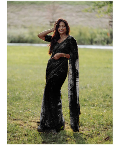 Soft Net WORK Sequance Embroidery Work With Lace Border Saree