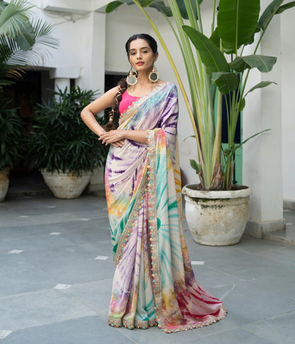 Heavy Soft Chinon With Beautiful Print WORK Beautiful Sequance Cording Embroidery Work Lace Border Saree