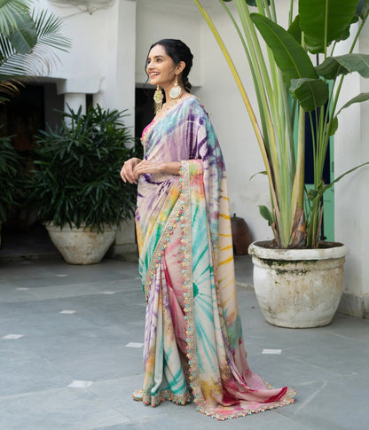 Heavy Soft Chinon With Beautiful Print WORK Beautiful Sequance Cording Embroidery Work Lace Border Saree