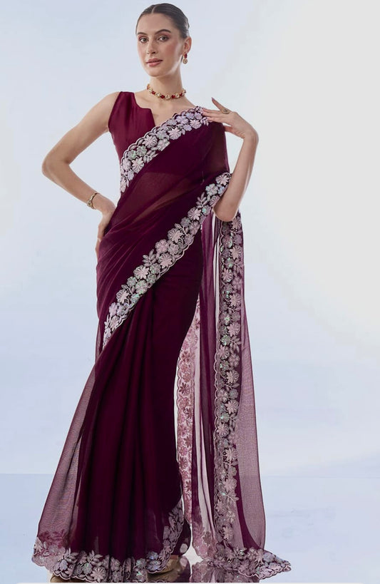 Soft Georgette WORK Beautiful Sequins And Threads Embroidery Work Saree