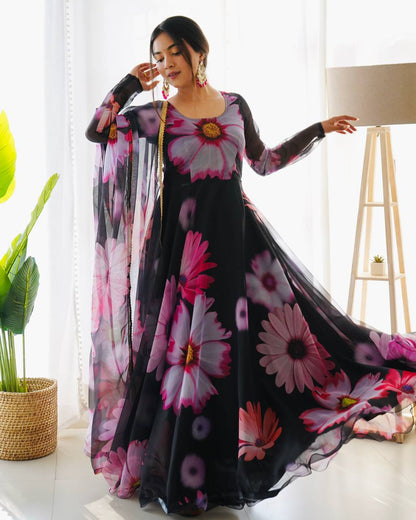 DIGITAL PRINTED FLORAL ORGANZA SILK GOWN WITH DUPATTA