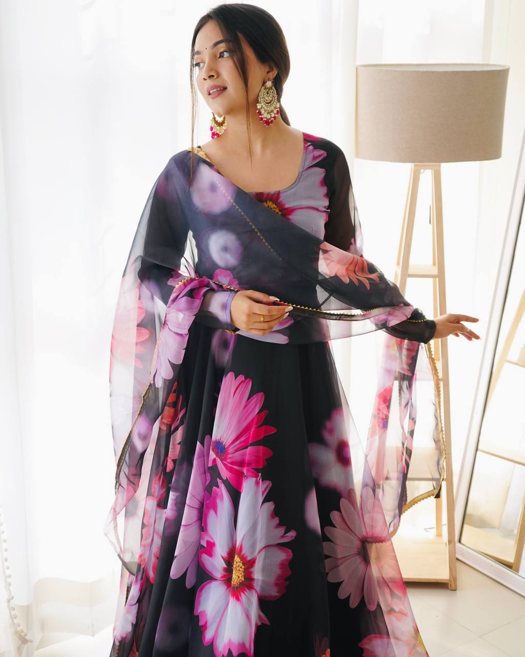 DIGITAL PRINTED FLORAL ORGANZA SILK GOWN WITH DUPATTA