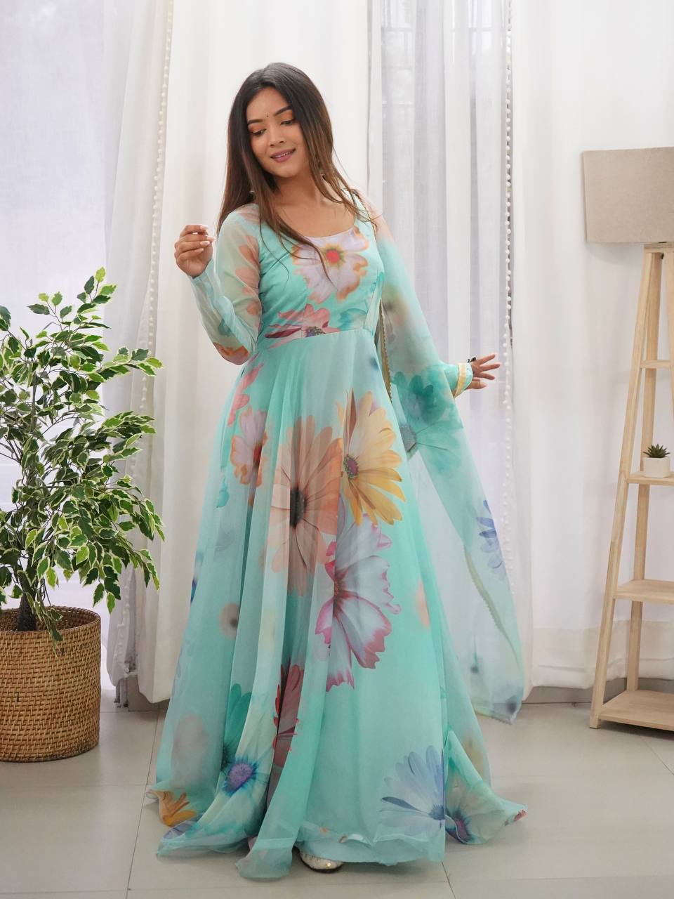 DIGITAL PRINTED FLORAL ORGANZA SILK GOWN WITH DUPATTA