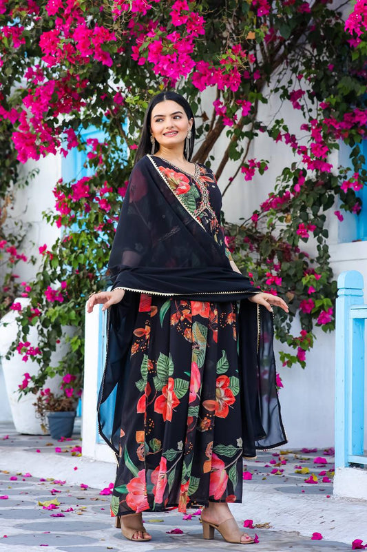 BEAUTIFUL BLACK FLORAL EMBROIDERED FLOOR LENGTH GOWN WITH DUPATTA