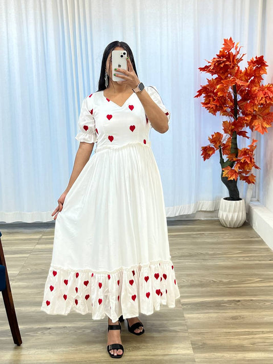 WHITE COLOUR VISCOSE CHANDERI EMBROIDERED LONG ANARKALI GOWN