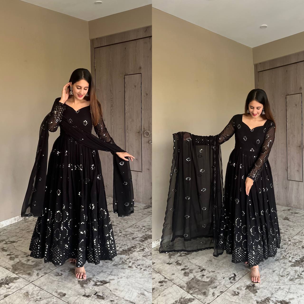 BLACK FAUX GEORGETTE FULLY EMBROIDERED FLOOR LENGTH ANARKALI GOWN WITH BOTTOM AND DUPATTA