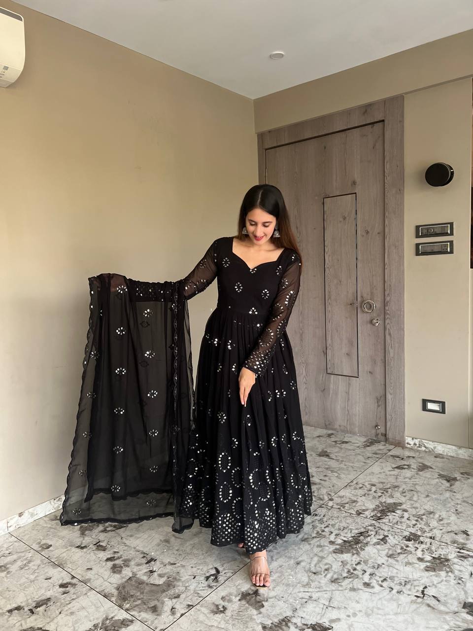 BLACK FAUX GEORGETTE FULLY EMBROIDERED FLOOR LENGTH ANARKALI GOWN WITH BOTTOM AND DUPATTA