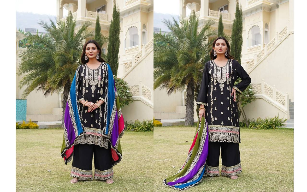 Black Pure Chinnon Silk Coding Sequence Embroidered Salwar Suit With Dupatta