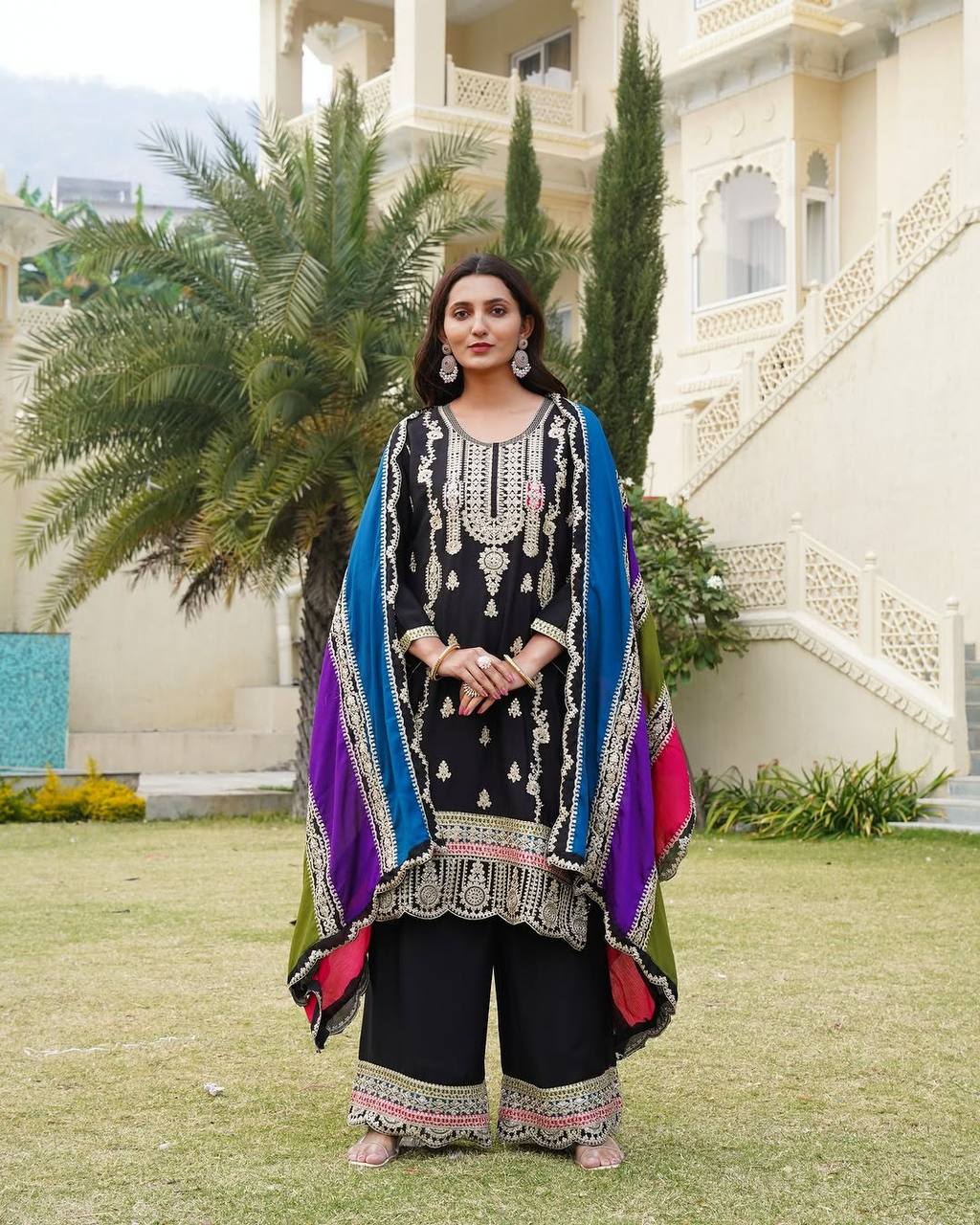 Black Pure Chinnon Silk Coding Sequence Embroidered Salwar Suit With Dupatta